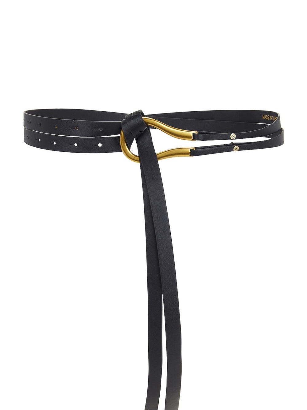 Black Leather Tie Belt with Gold Loop Accent